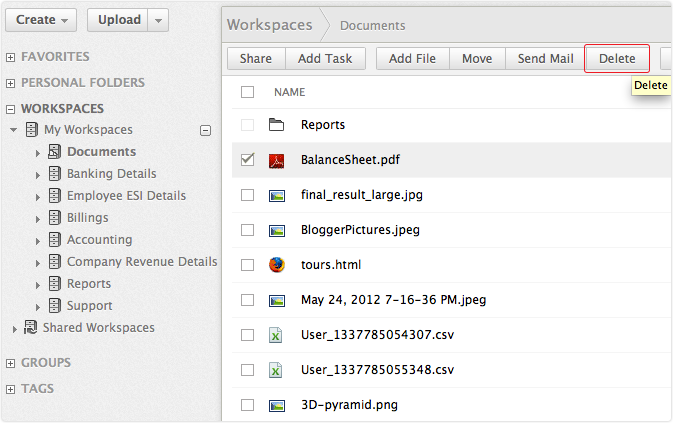 delete document in workspace
