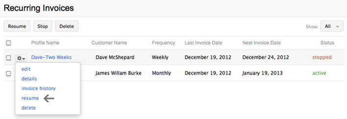 recurring invoice resume status