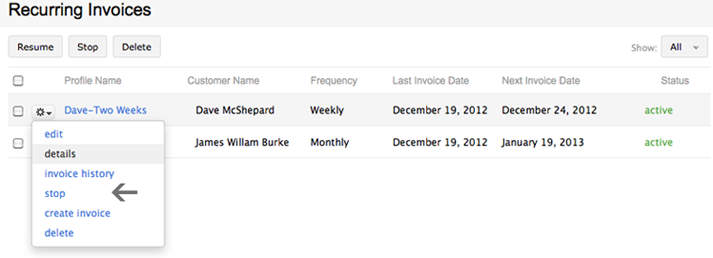 Stop recurring invoice