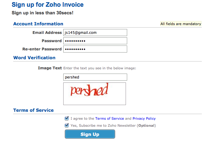 Zoho Invoice Sign up sign-up-page