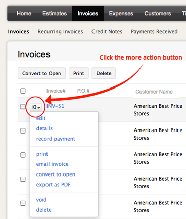 zoho invoice more actions