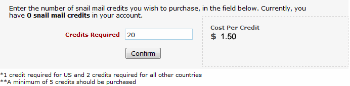 Enter the number of snail mail Credits
