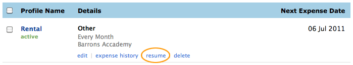 Select resume recurring expense Select resume recurring expense