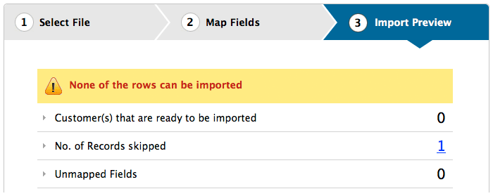 Import customer error message
