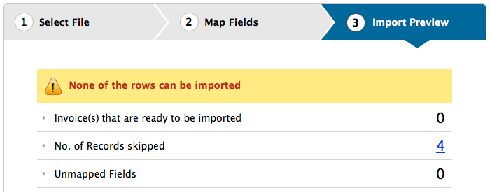 Import invoice error message