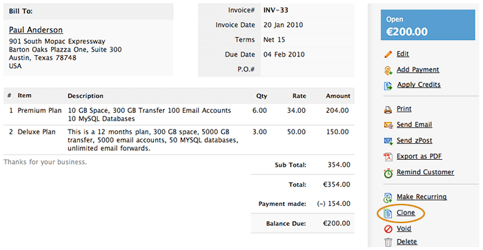 Select clone invoice