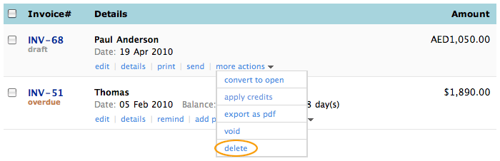 Select delete invoice