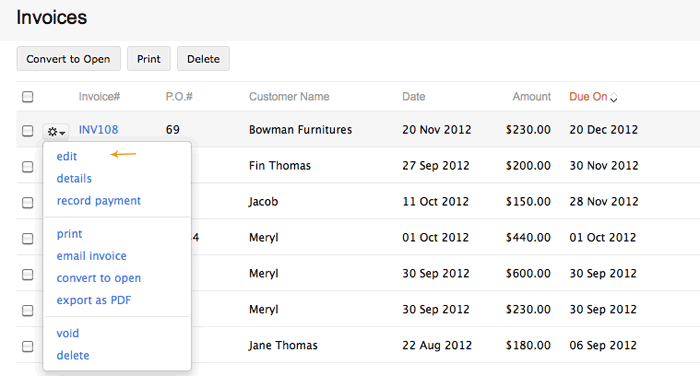 Select edit invoice