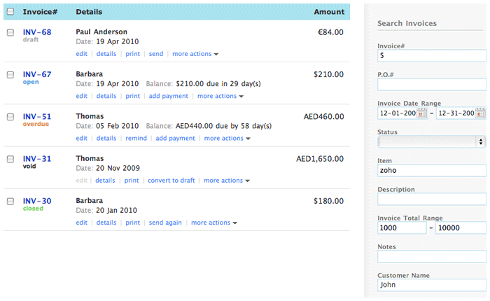 Invoice advanced search