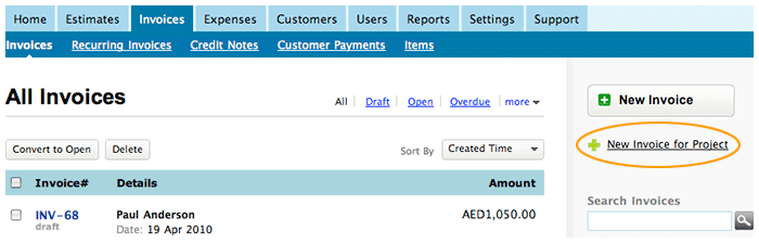 Select new invoice project