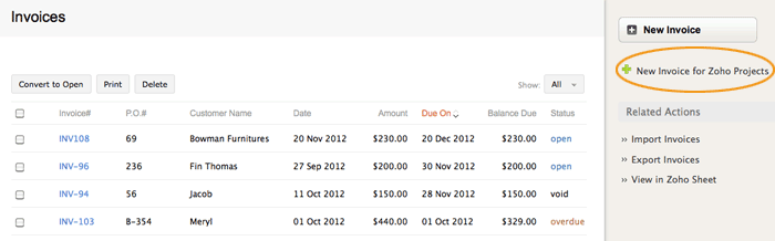 Select new invoice project
