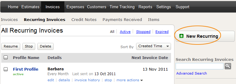 Create new recurring invoice