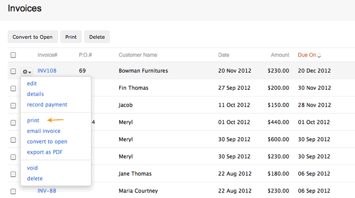 Select print invoice