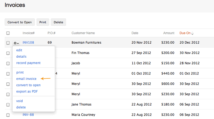 Select send invoice