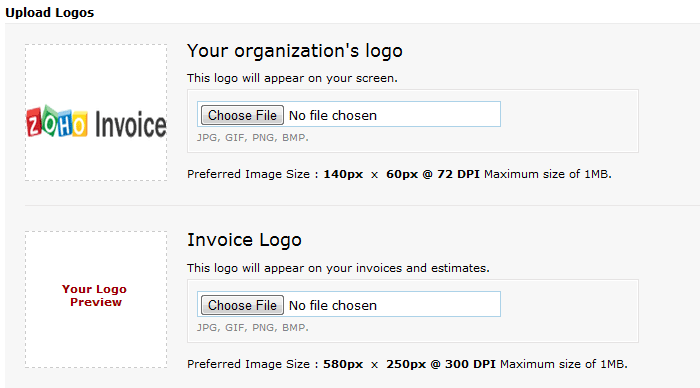 Upload organization and invoice logo