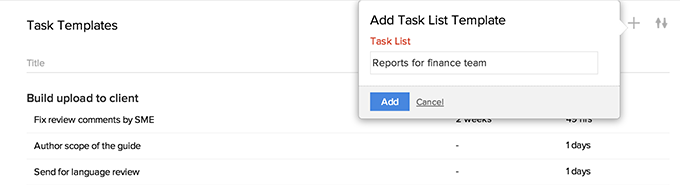 Add Tasklist Template link