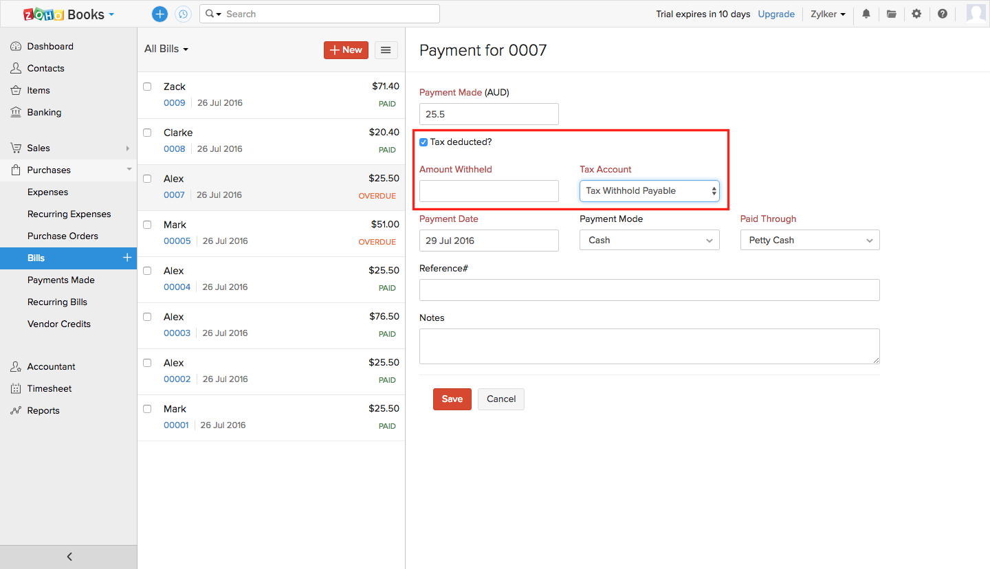 Bills Help Zoho Books