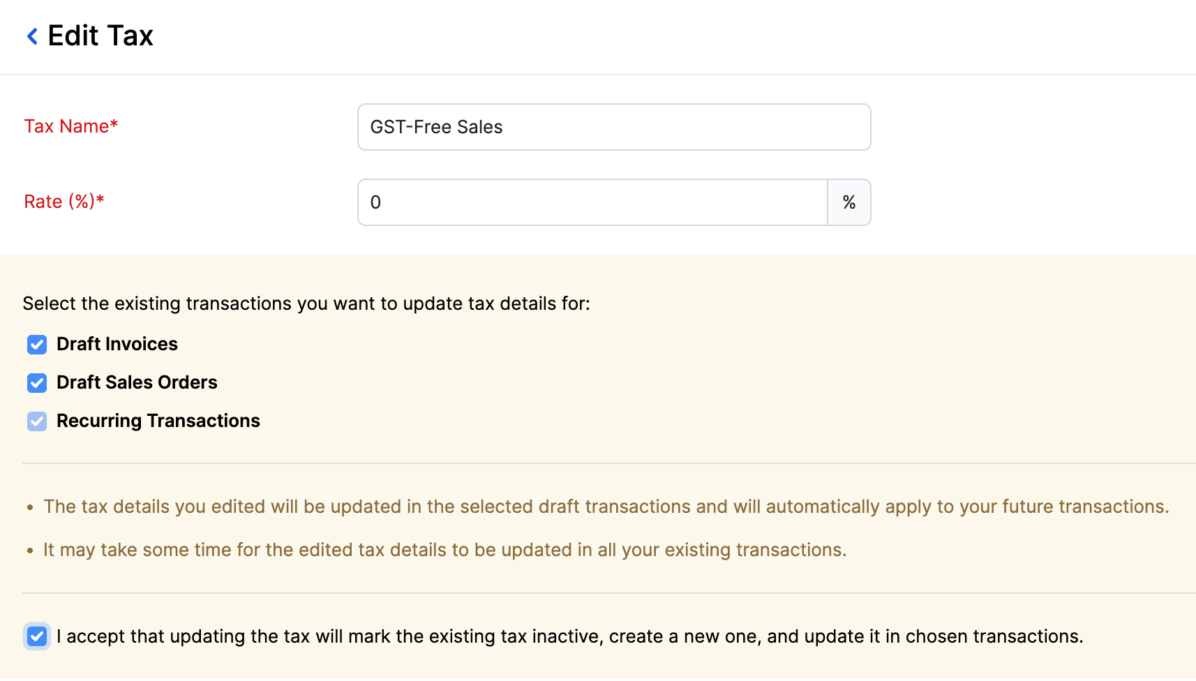 Edit Tax Popup
