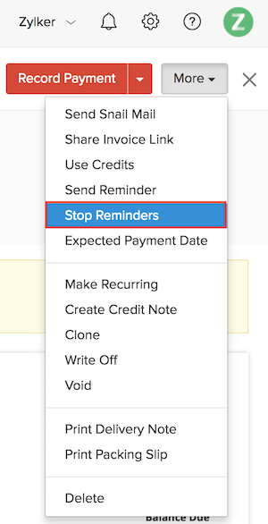Stop Reminders for an invoice