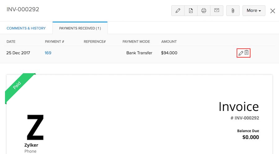 Payments Received - Hover options