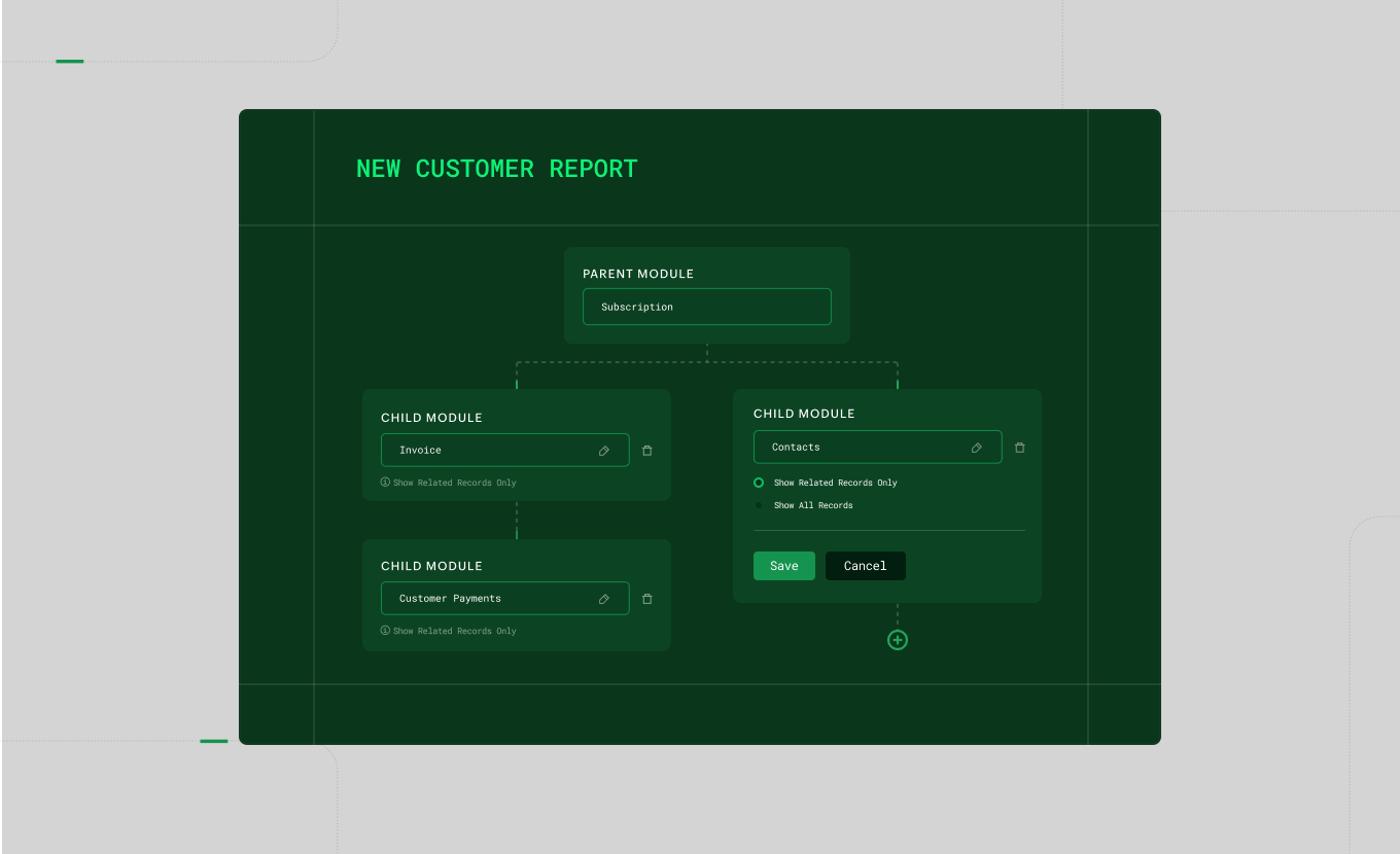 Custom reports builder with parent and child modules