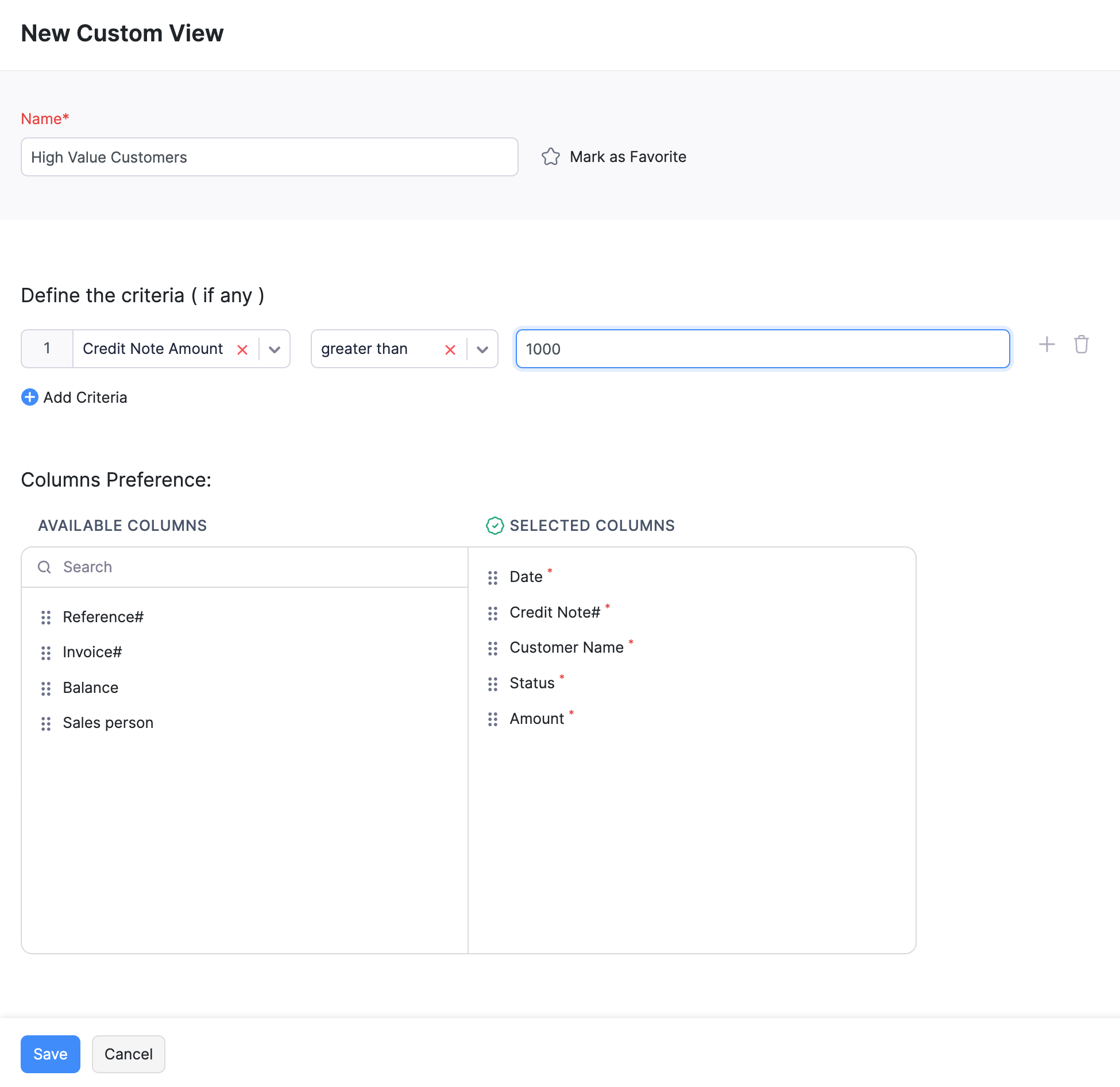 Credit Notes Create Custom View