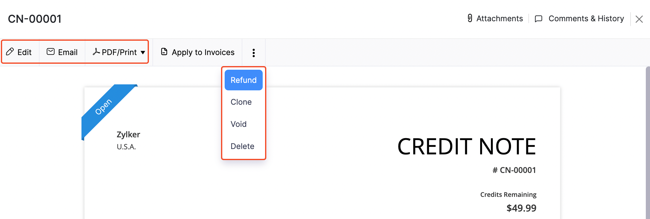 Credit Notes More Actions