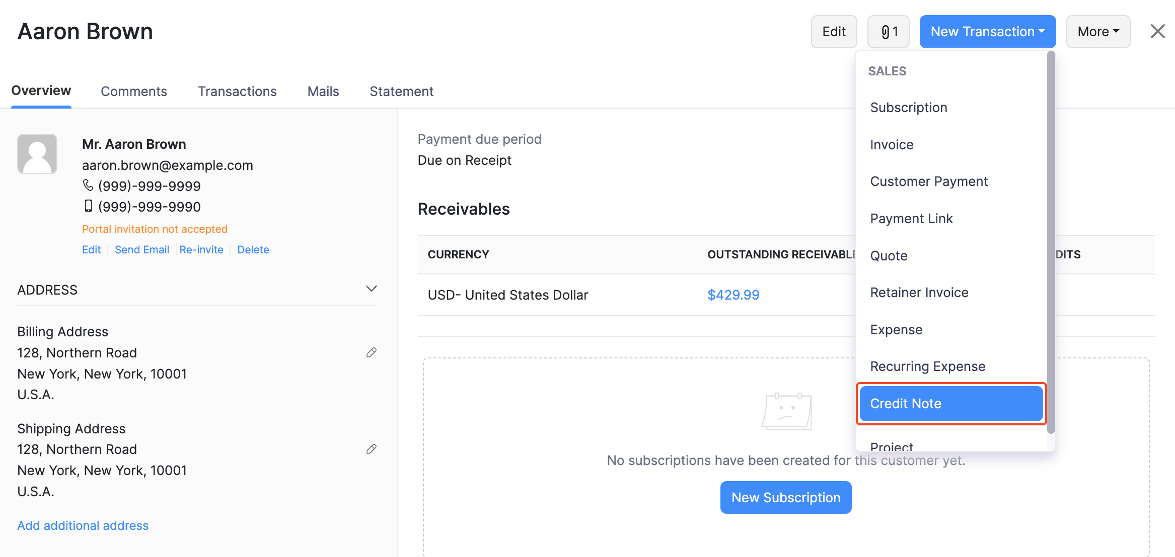 Credit Notes Create from Customers Module