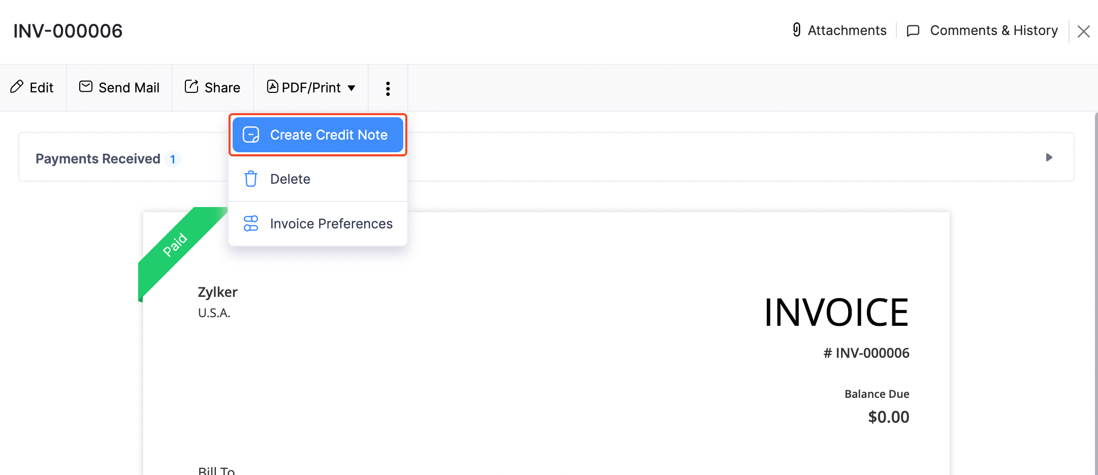 Credit Notes Create from Invoice