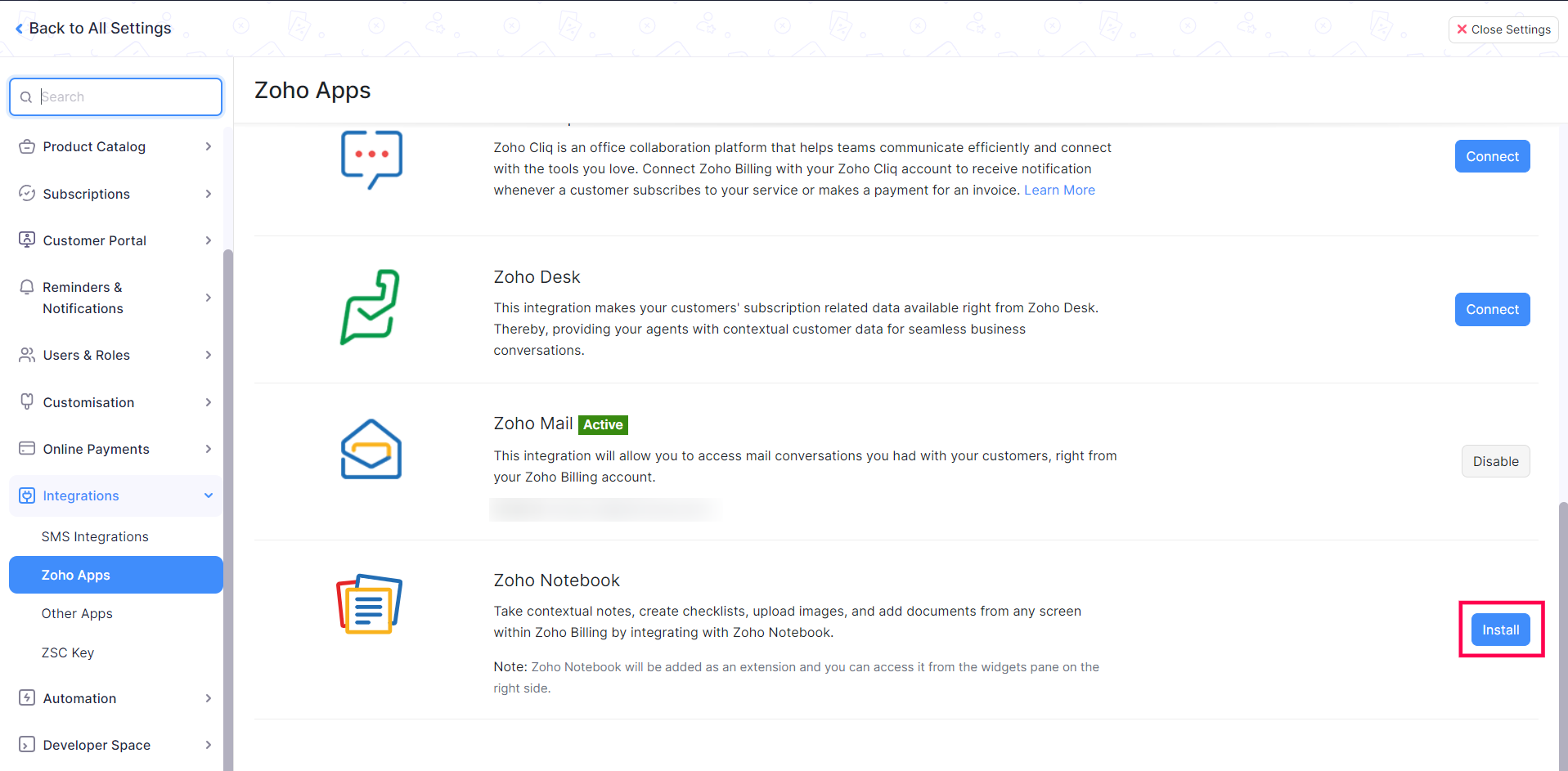 Click Install next to Zoho Notebook