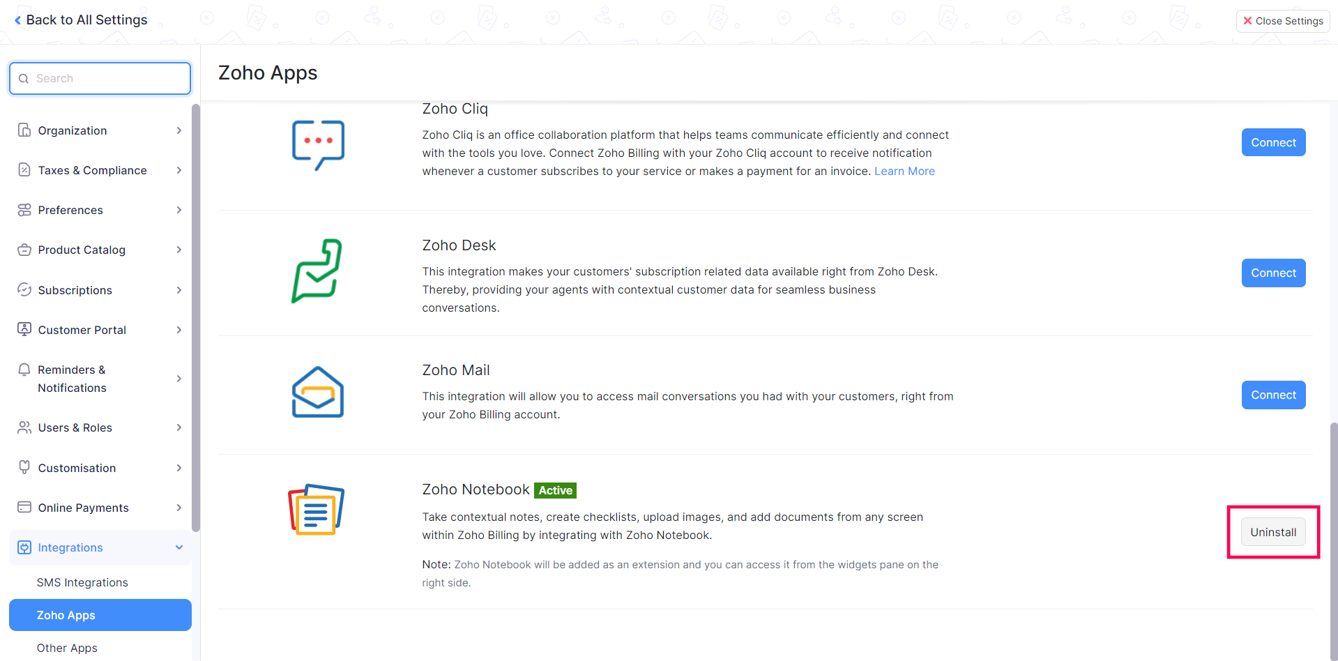 Click Uninstall next to Zoho Notebook