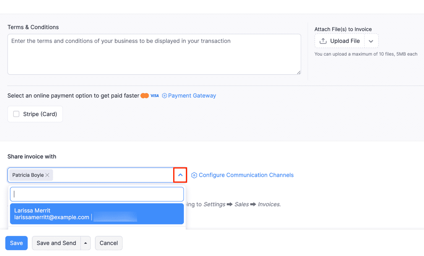 Share Invoice with drop-down