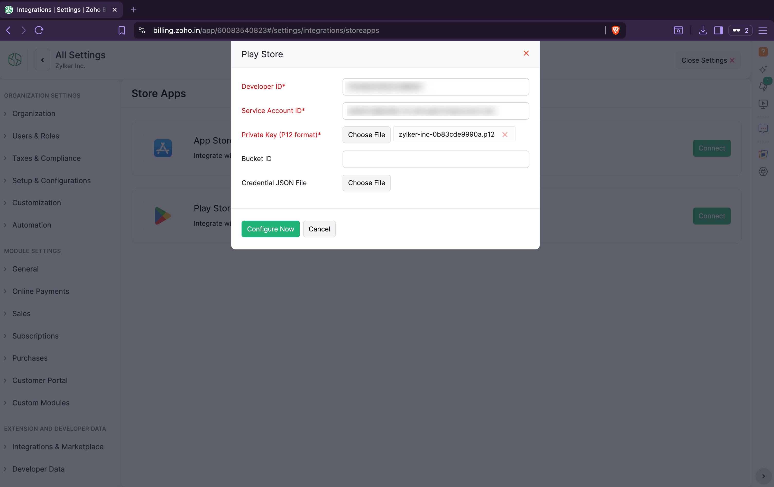 Play Store configuration form filled