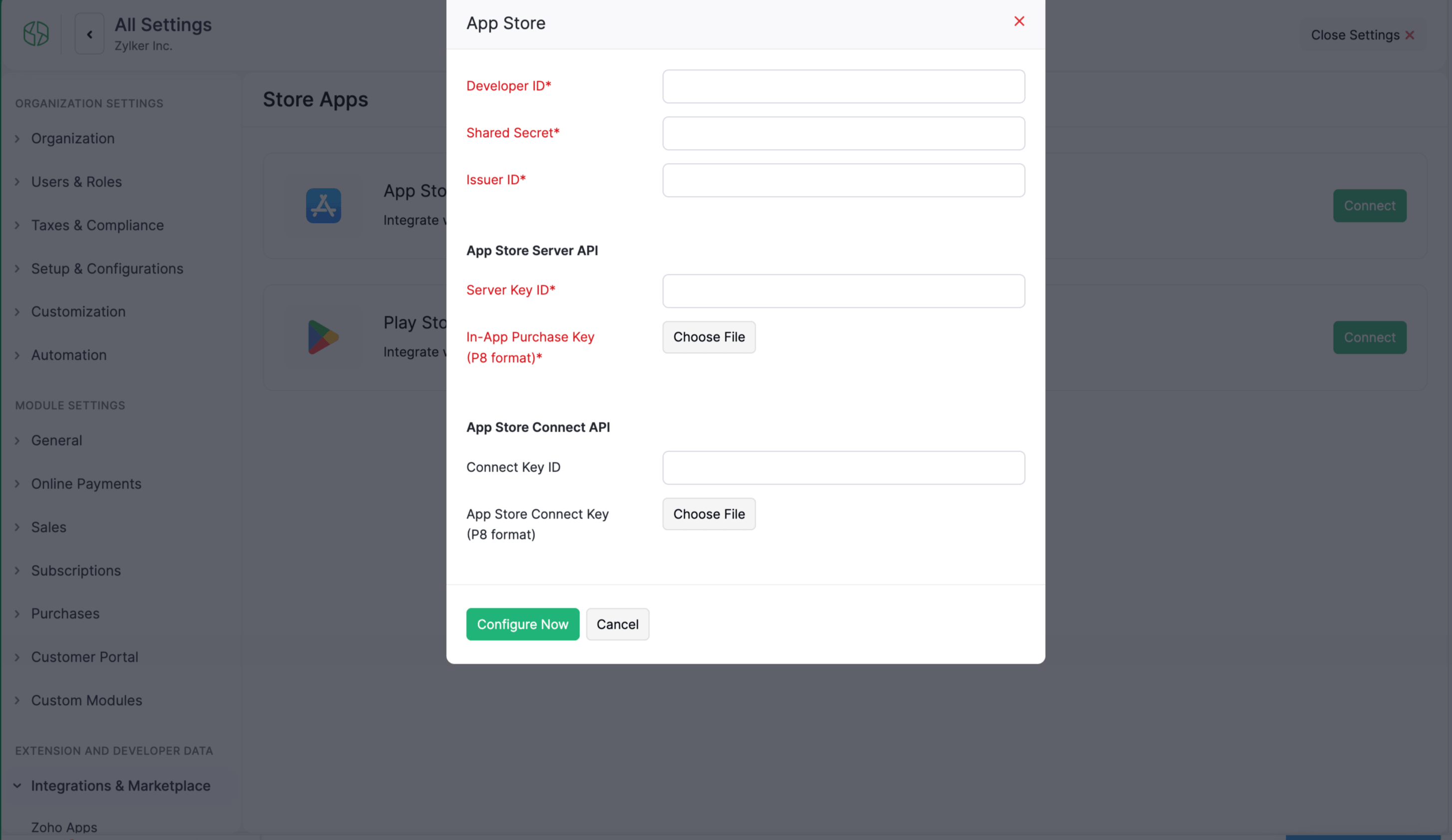 App Store configuration dialog
