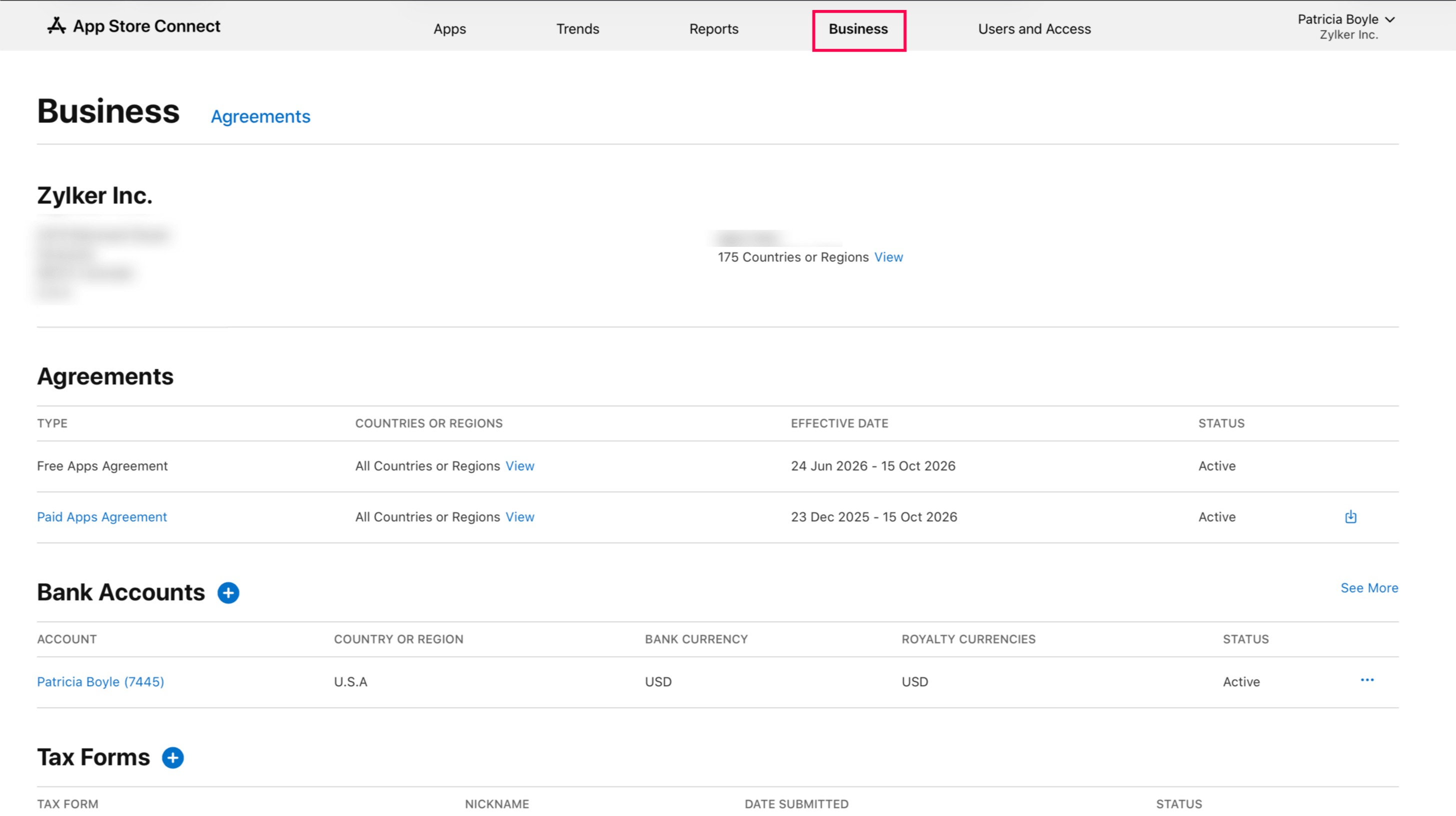App Store Connect Business page