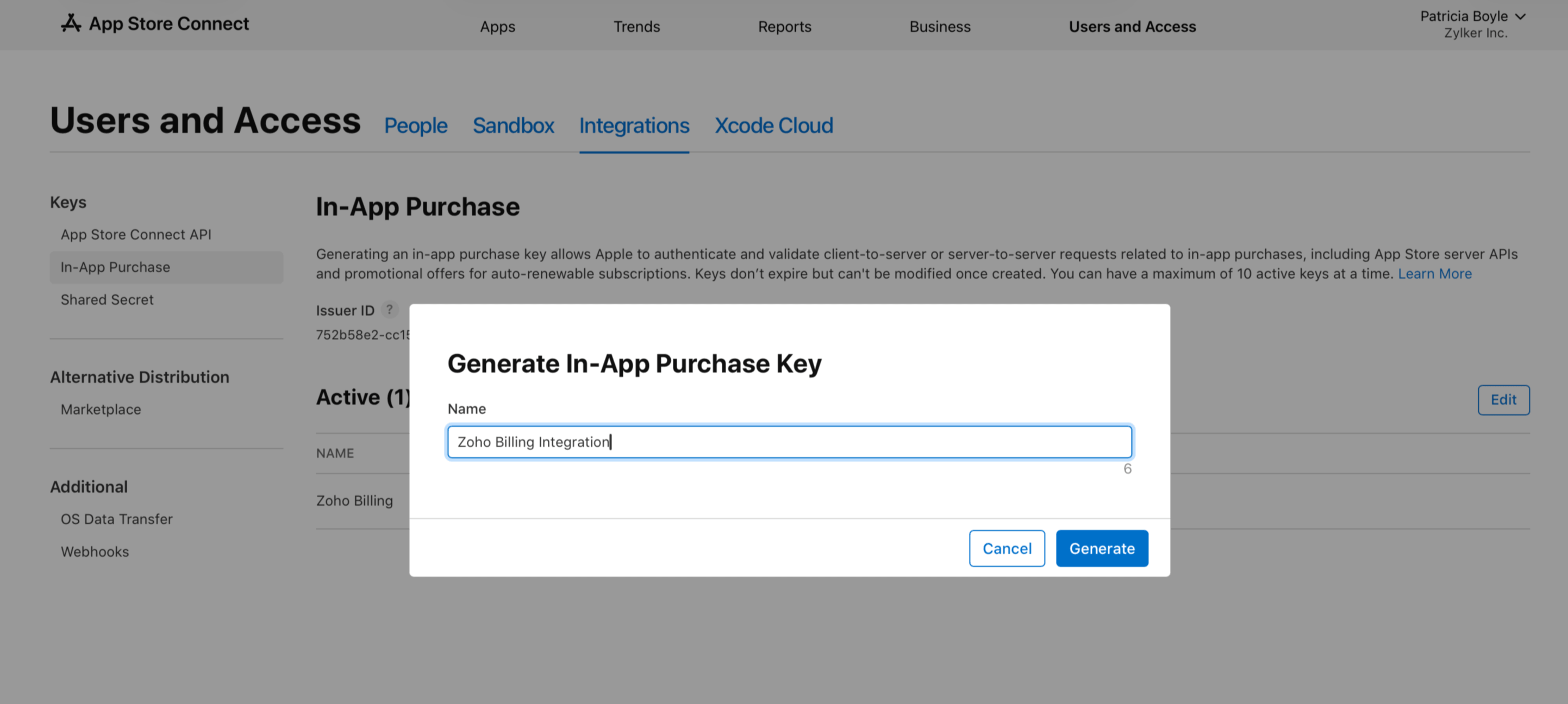 Generate In-App Purchase Key dialog