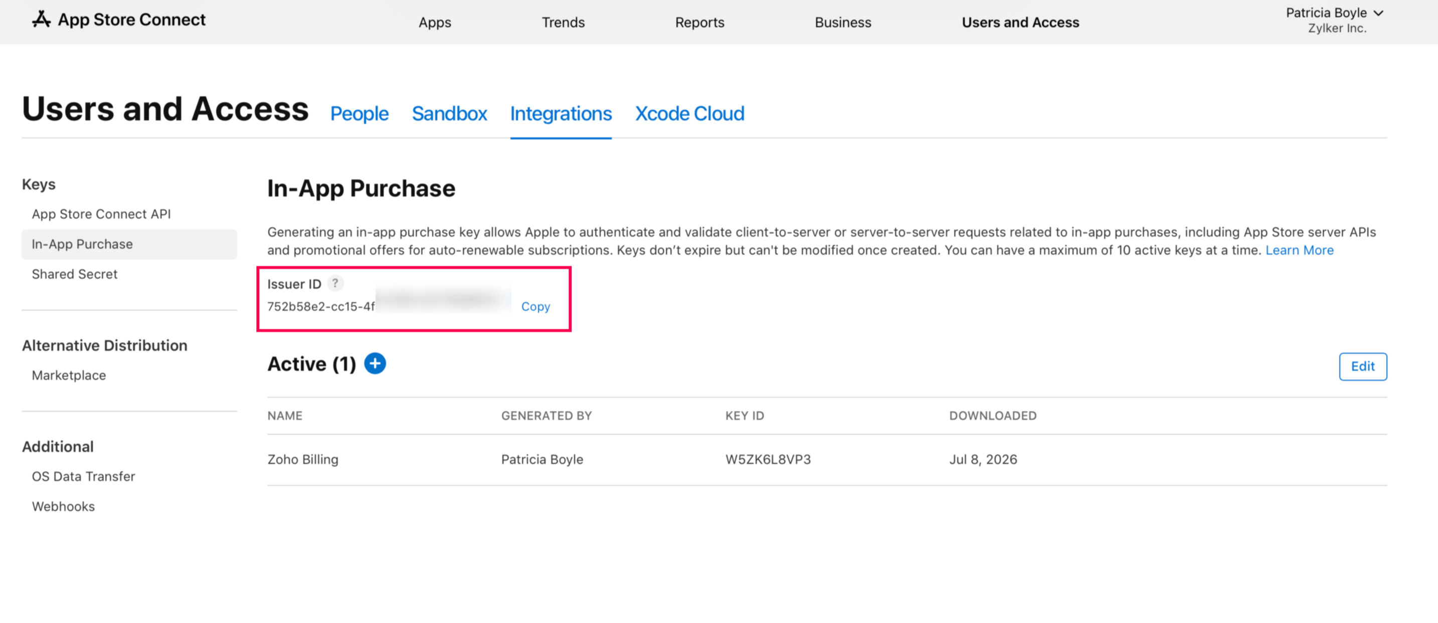In-App Purchase keys page