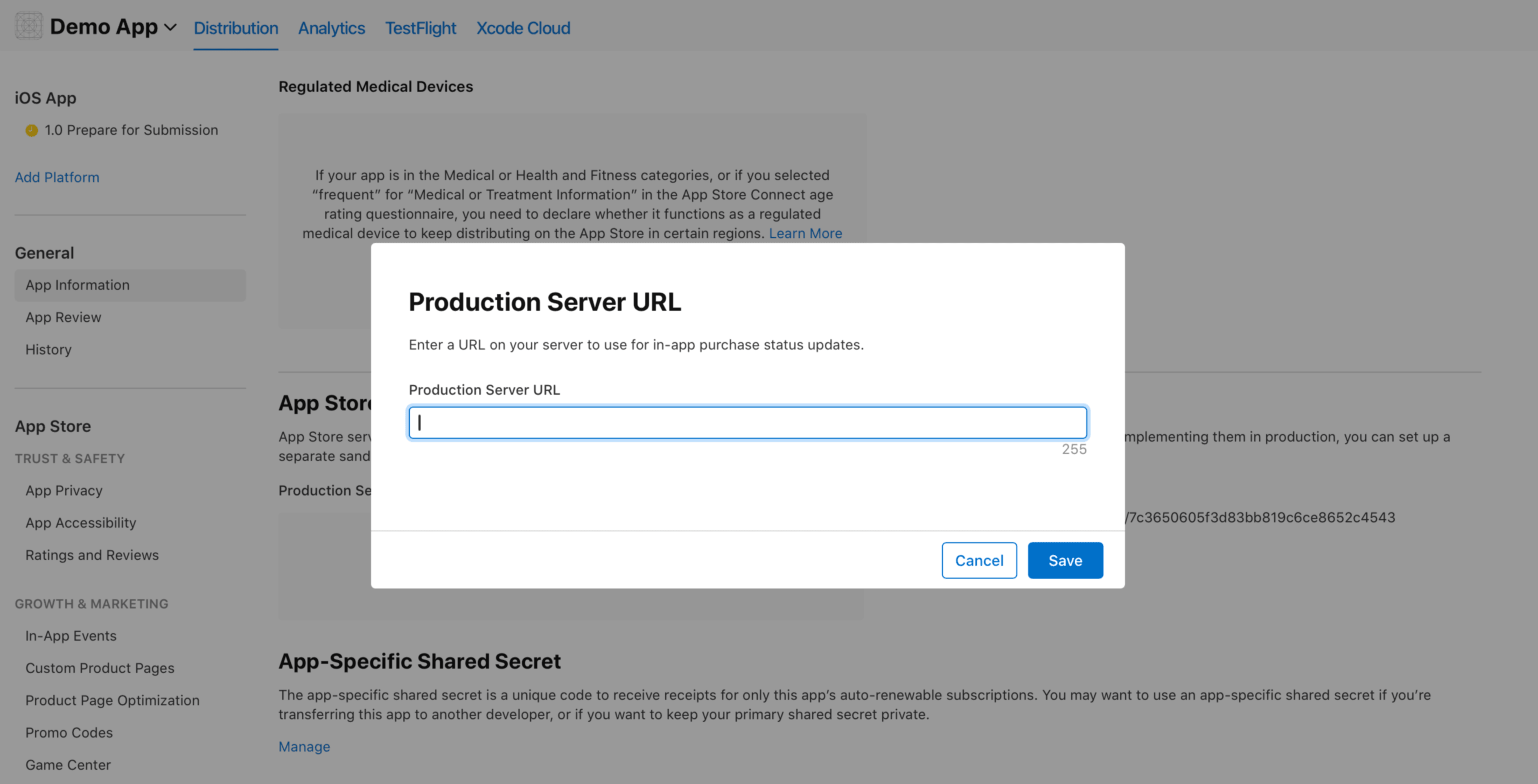 Production Server URL dialog