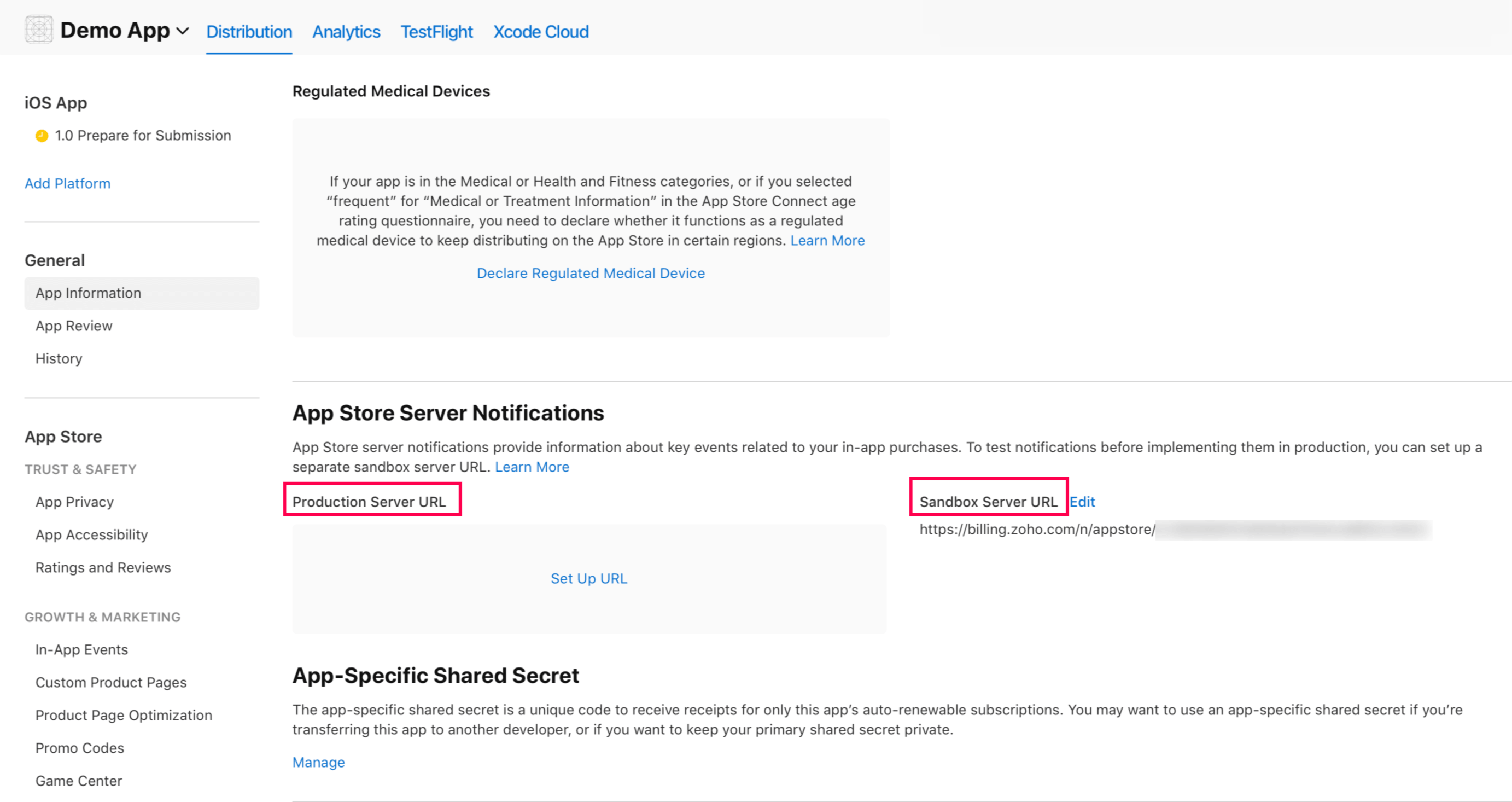 Sandbox Server URL configured