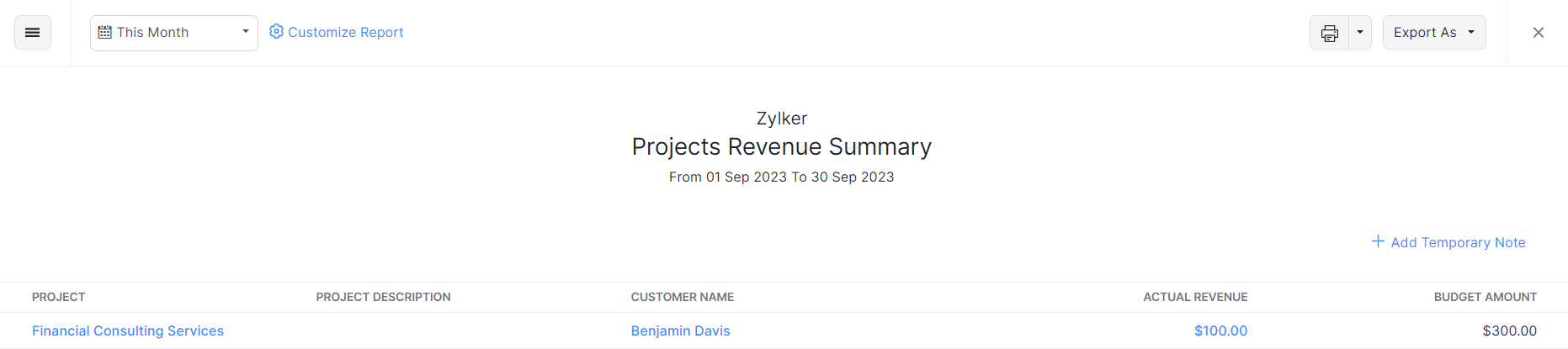 Project Revenue Summary Report