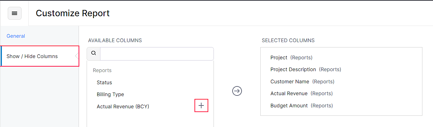 Show or Hide Columns Project Revenue Summary