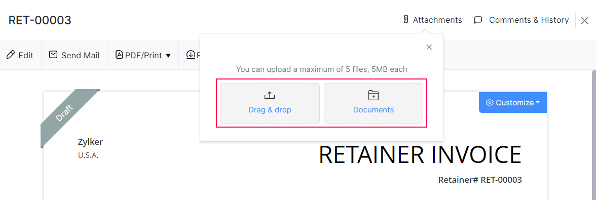 Attach Files in Retainer Invoice