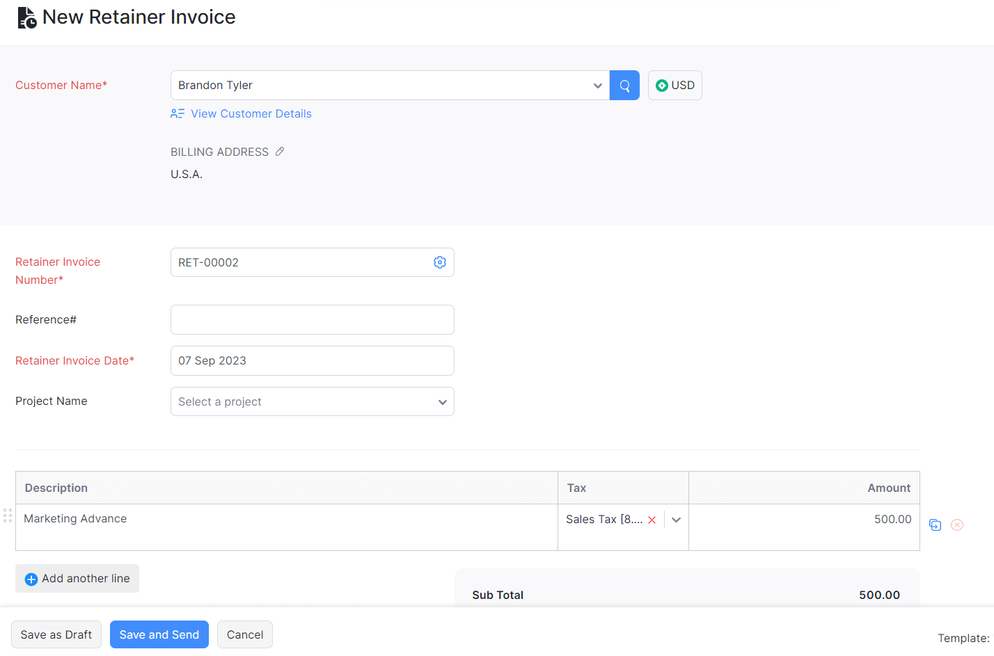 Create Retainer Invoice