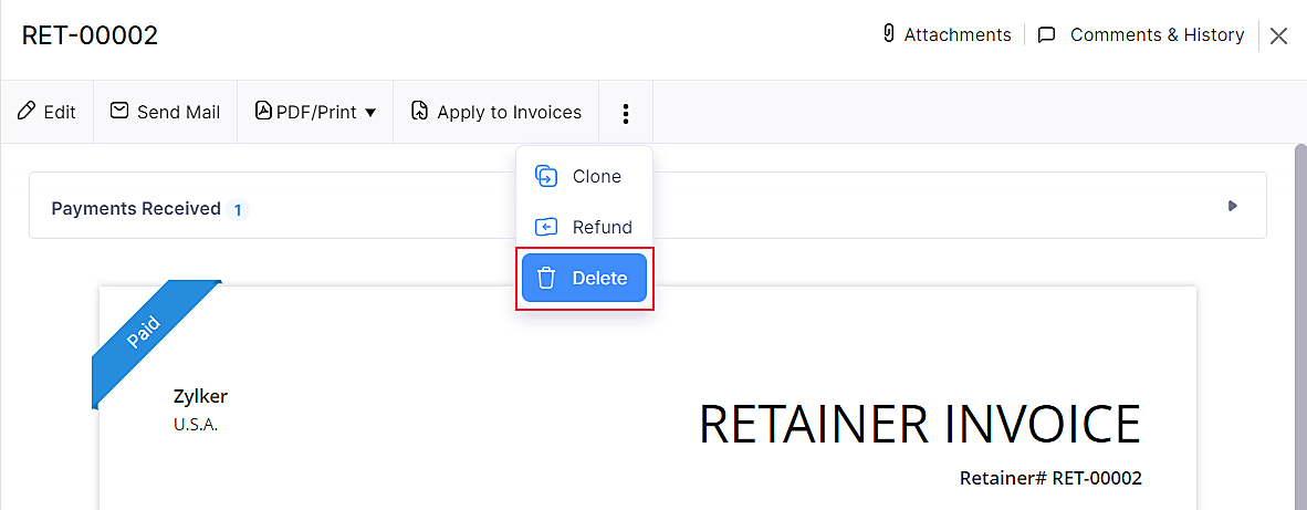 Delete Retainer Invoice