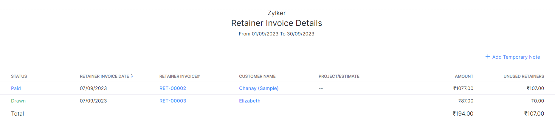 Retainer Invoice Details