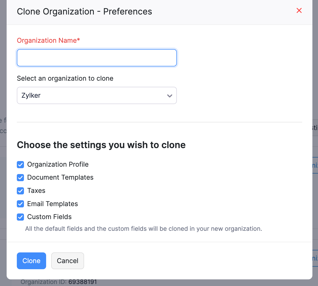 Clone Organization Preferences