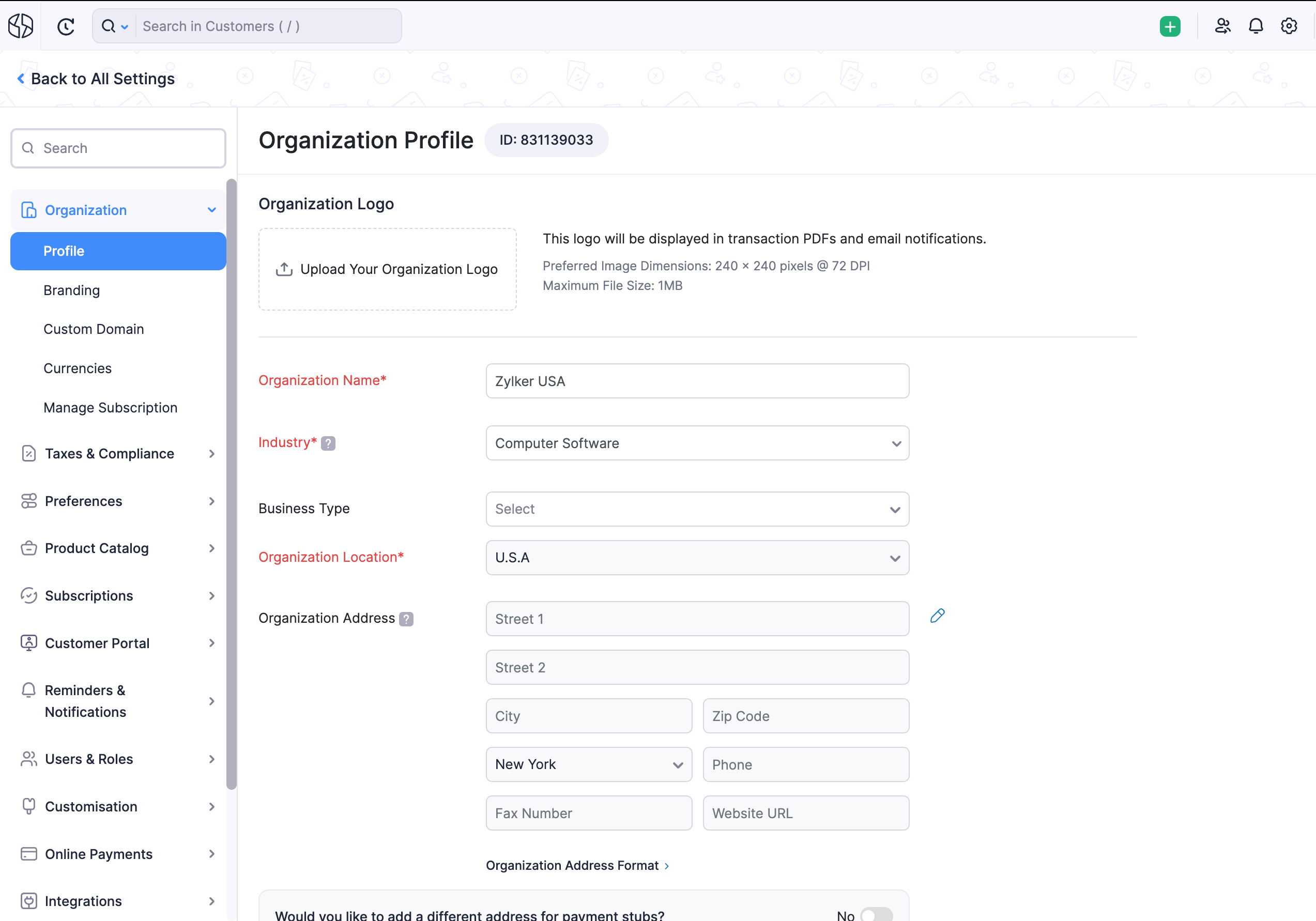 Settings - Organization Profile