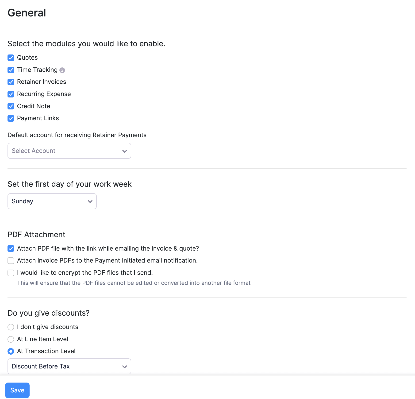 General preferences in Zoho Billing