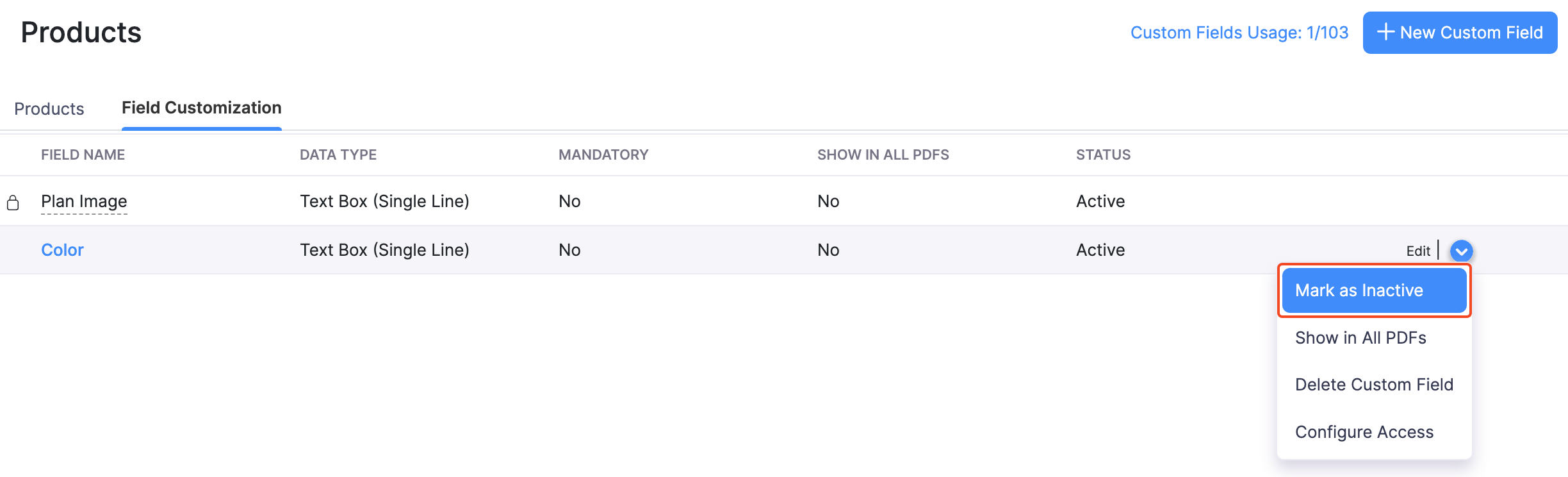 Mark Custom Field as Inactive