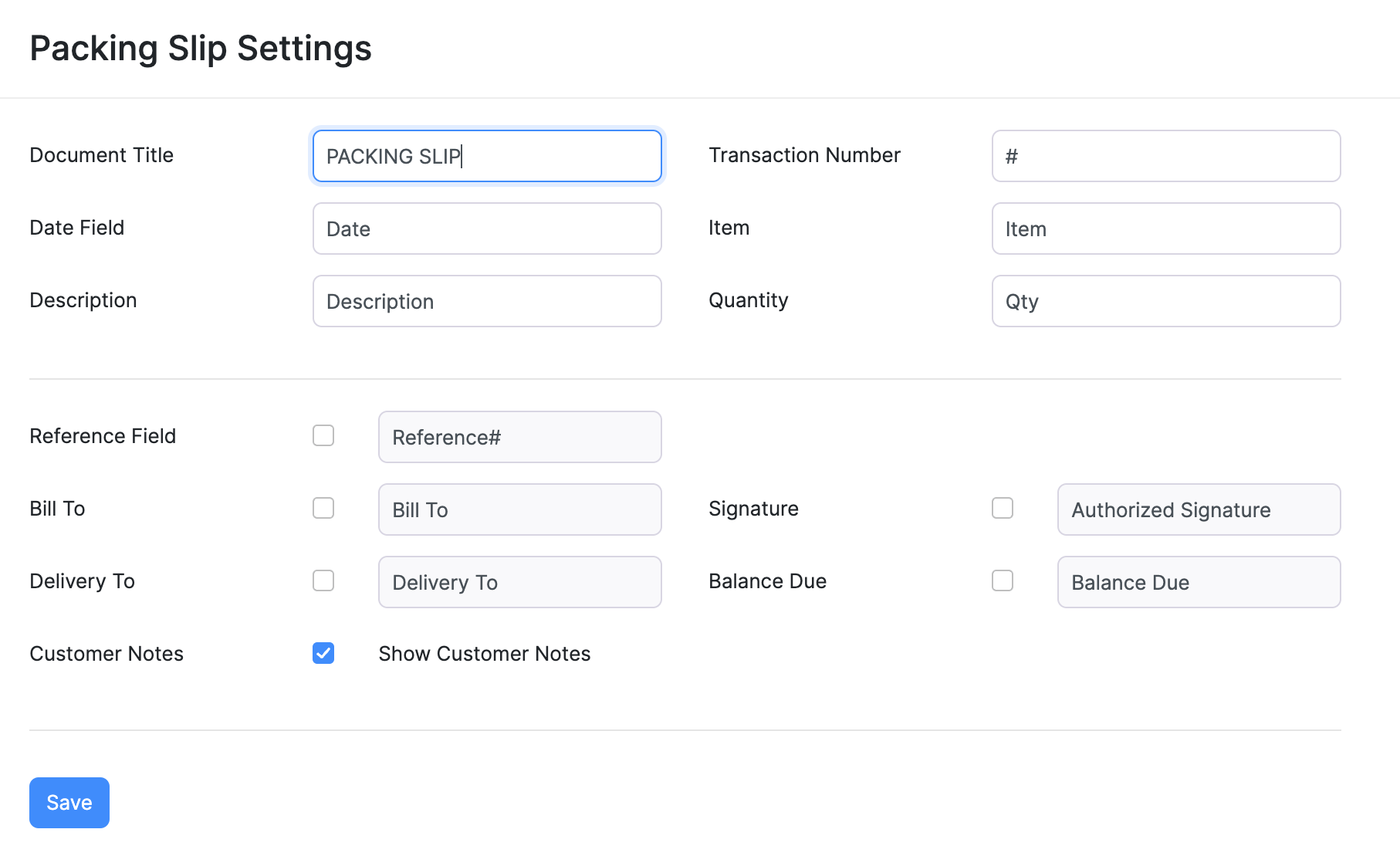 Packing Slip Settings